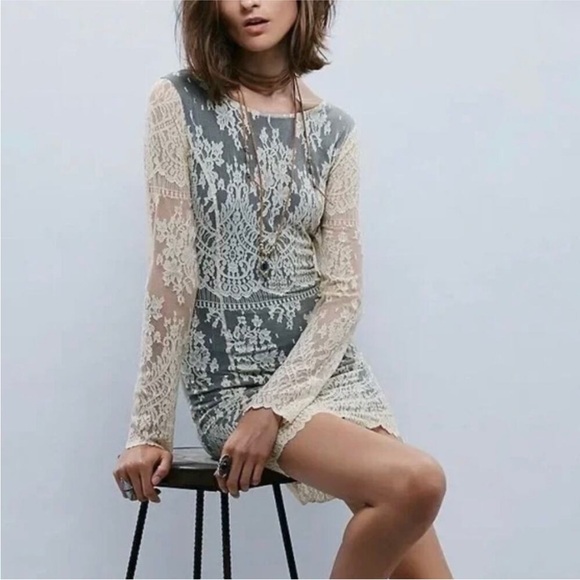 Free People Mini Dress XS TP Beige Lace Sheath Long Sleeve Brown Boho - Picture 2 of 6